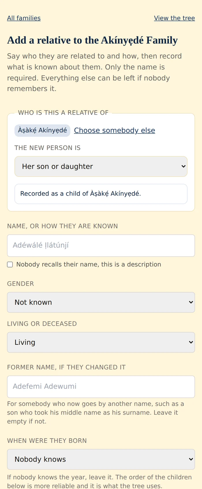 Adding a relative on a phone. First a question asking who the new person is related to and how, then the details form with fields for the name, a checkbox reading nobody recalls their name this is a description, gender, living or deceased, and when they were born with the option nobody knows.