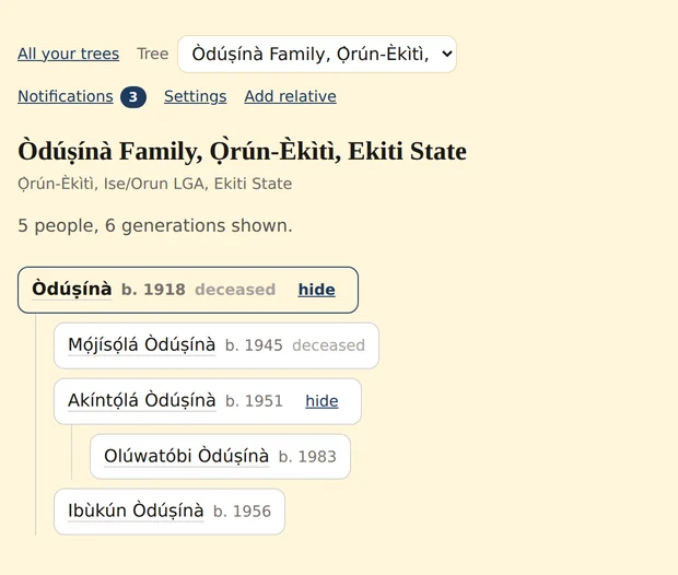 The Òdúṣínà family tree, showing a daughter raised in the house from infancy listed among the children born to it.