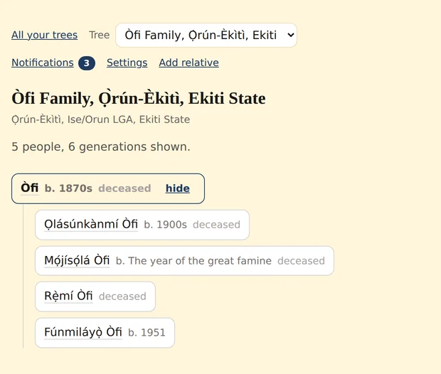 The Òfi family tree, showing births recorded as a decade, as the year of the great famine, and one with no date at all.