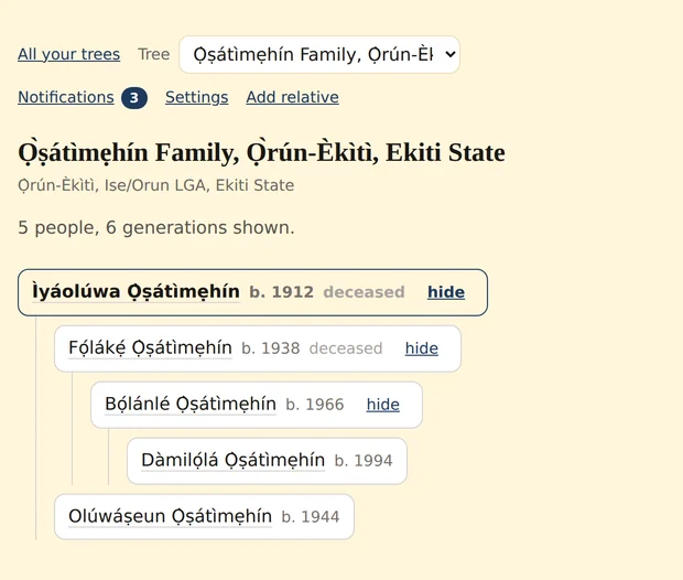 The Ọ̀ṣátìmẹhín family tree, with a woman at the head of it and the line running down through her daughter and granddaughter.