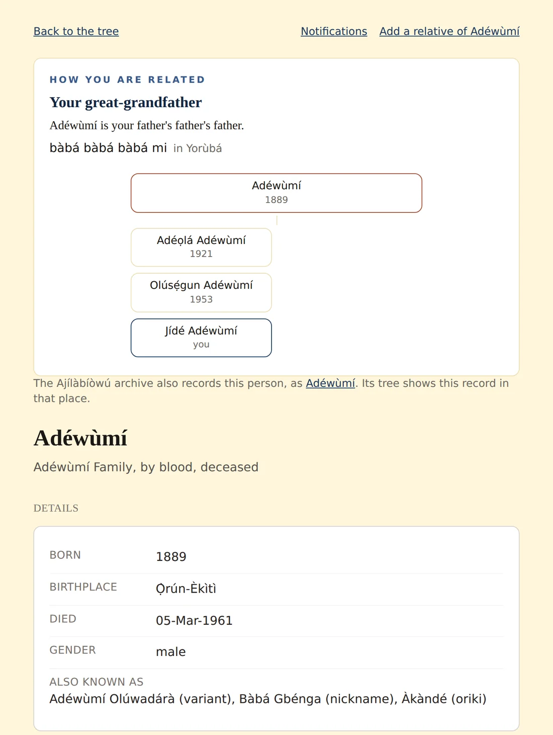A person's record on Legacify. A panel at the top headed how you are related reads your great-grandfather, Adéwùmí is your father's father's father, and bàbá bàbá bàbá mi in Yorùbá, with the line drawn down through three generations to the reader. Below it the record shows year of birth, gender, and three other names he answered to.