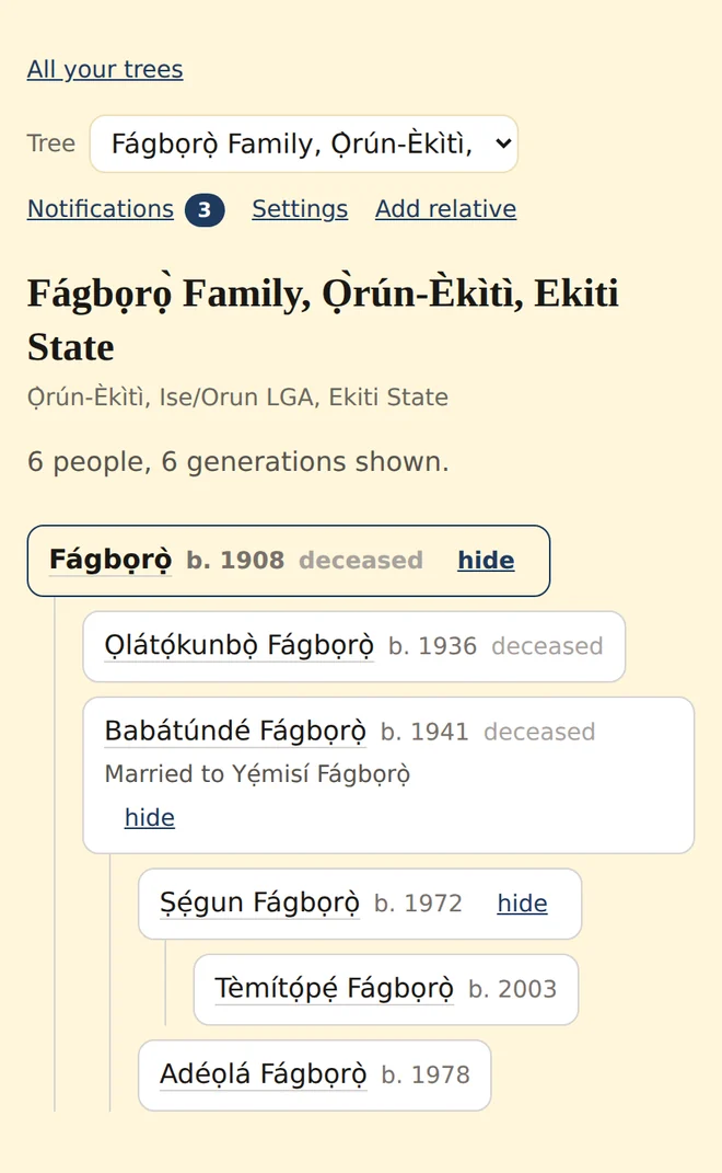 A family tree on a phone screen, four generations stacked in a single readable column from the oldest man recorded down to a grandchild born in 2003.